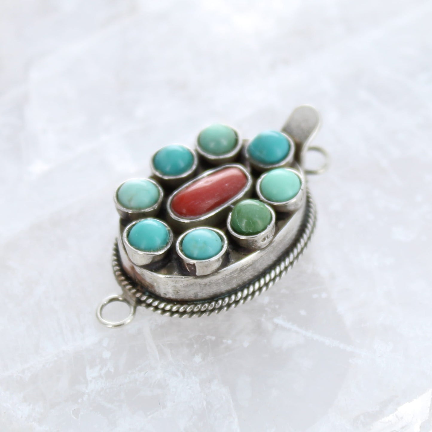 Carico Lake Turquoise with Red Coral Clasp Sterling Silver 9 Stone