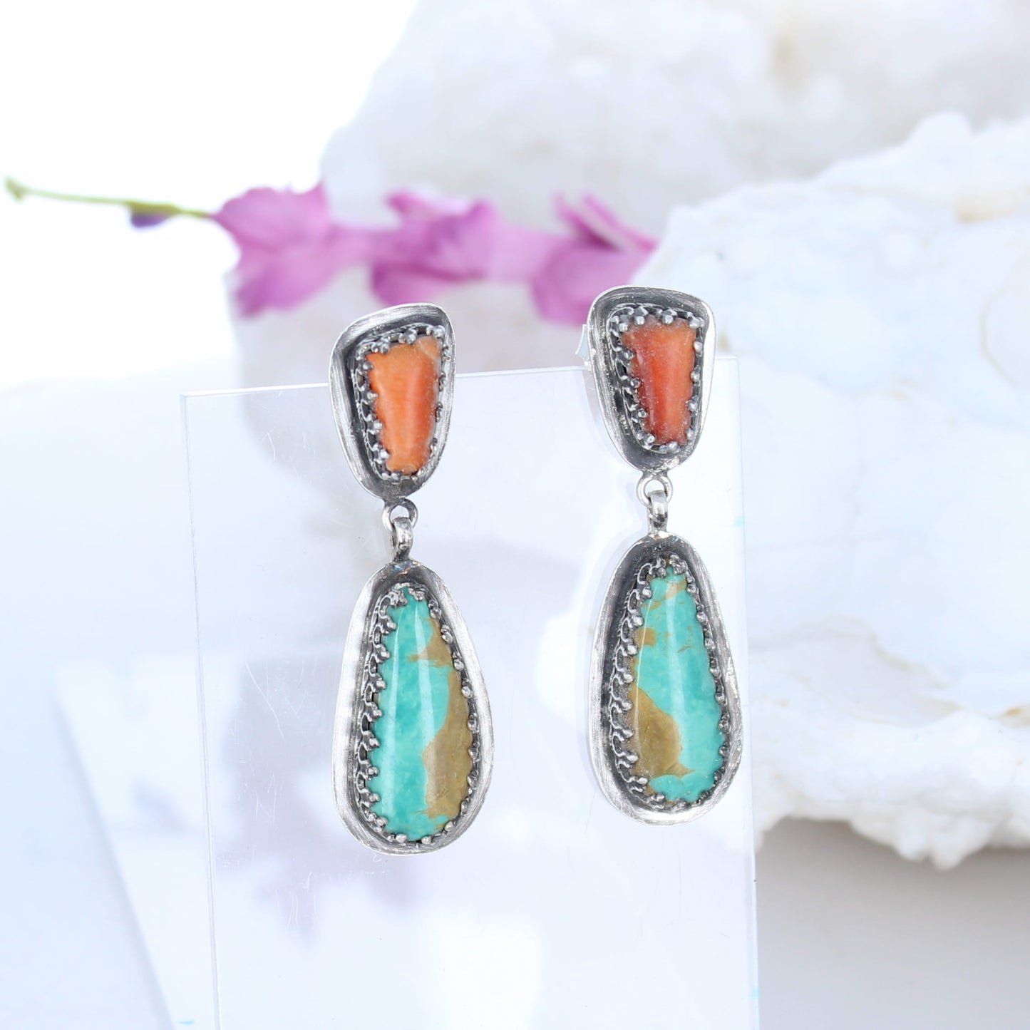 Dramatic Royston Turquoise Orange Spiny Oyster Earrings Southwest -NewWorldGems