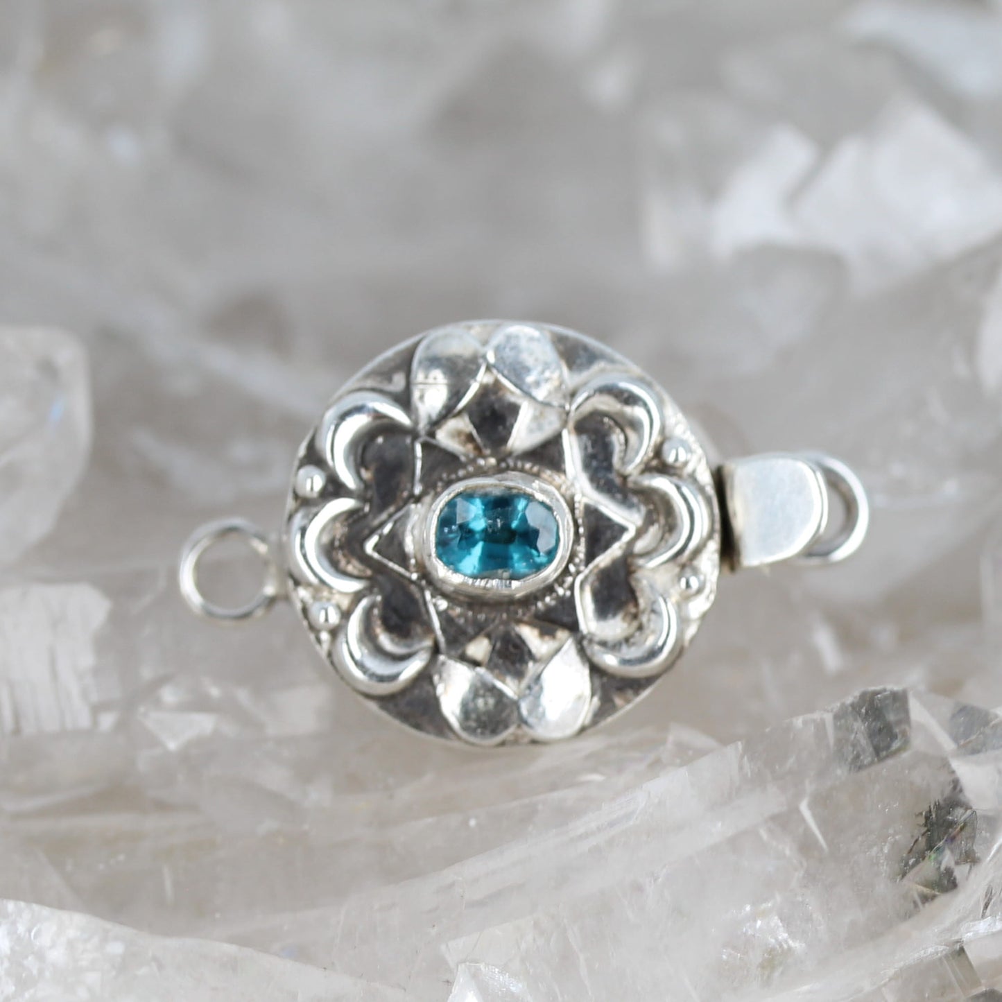 Faceted London Blue Topaz Clasp Moon Lotus Design Sterling 6x4mm