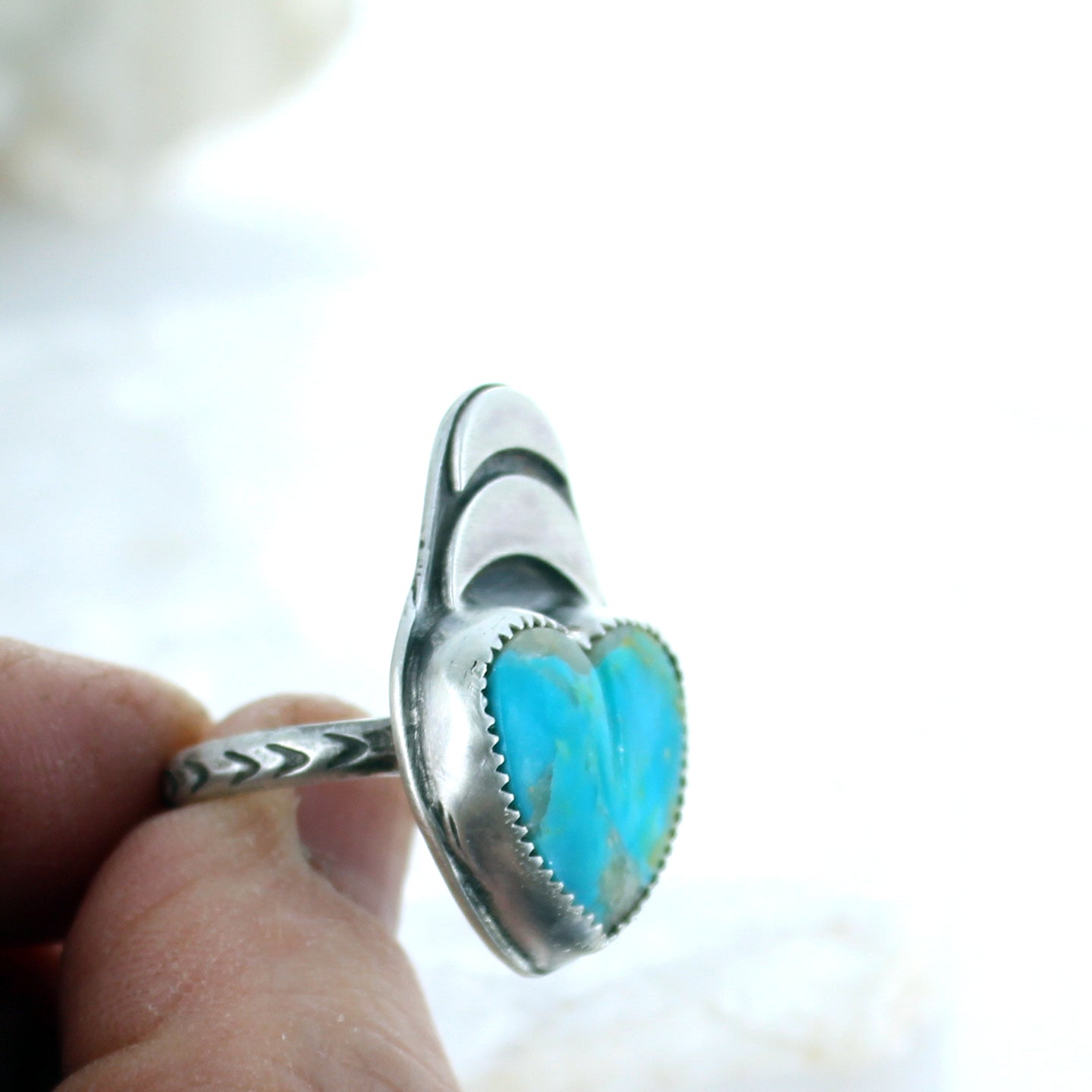 Heart and Double Moon Kingman Turquoise Ring Sterling Size 7.5 -NewWorldGems