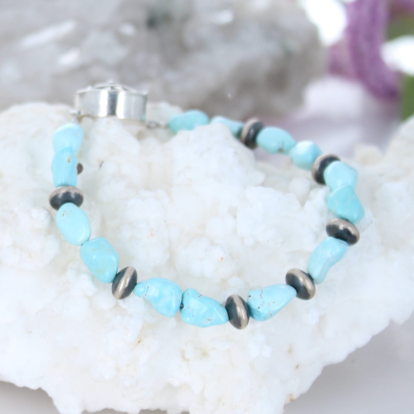 Lone Mountain Turquoise Nugget Beads Bracelet Sterling Silver