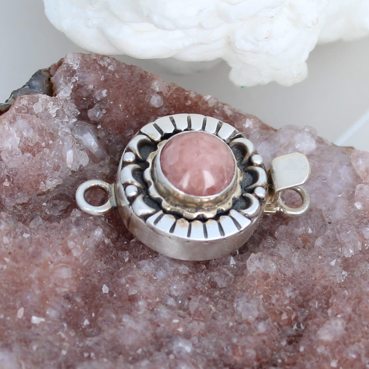 AAA Rhodochrosite Clasp Sterling Moon Petal Design 10mm Round -NewWorldGems
