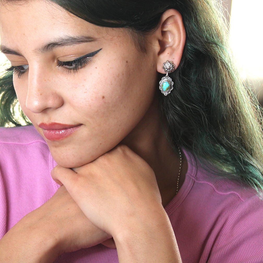 Sonoran Gold Turquoise Earrings Sterling Silver Sun Pattern