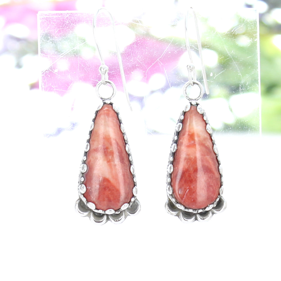 Spiny Oyster Earrings Long Teardrops with Moon Design Sterling
