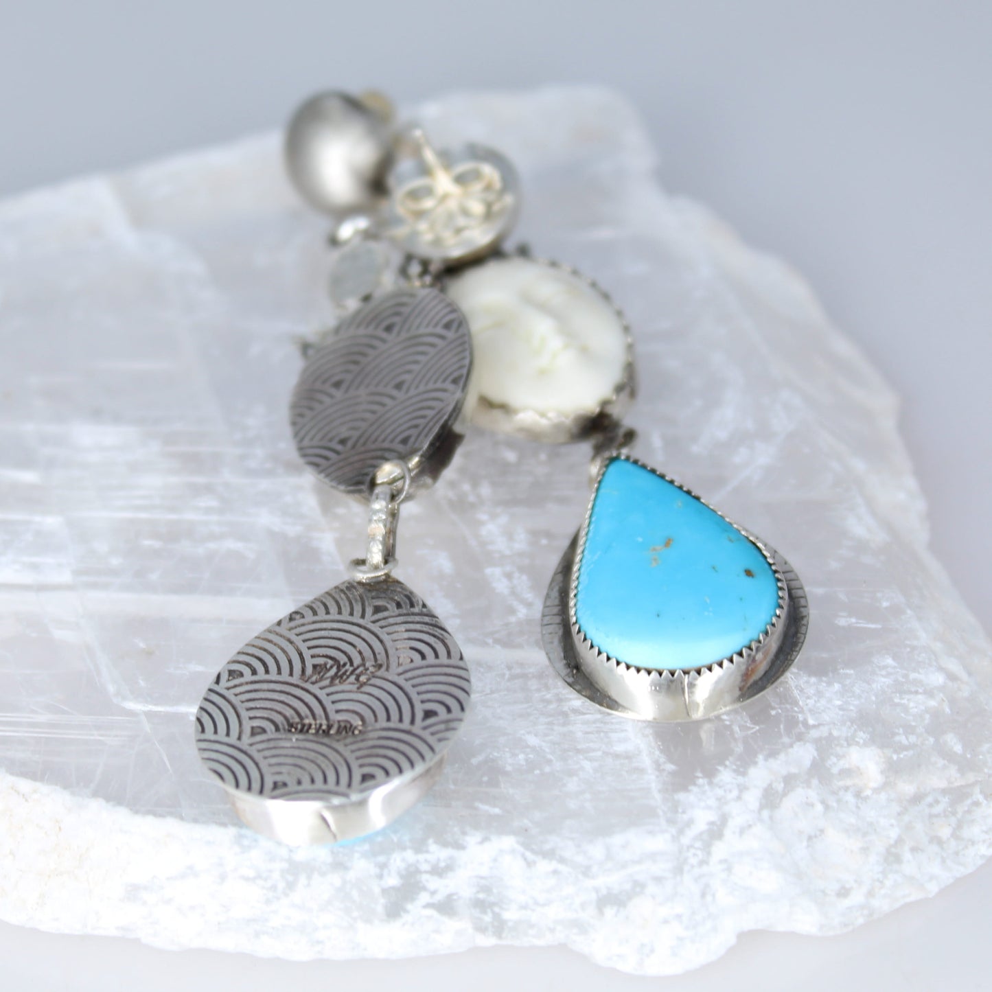 Bright Blue Kingman Turquoise Earrings Sterling Carved Moon Faces Large