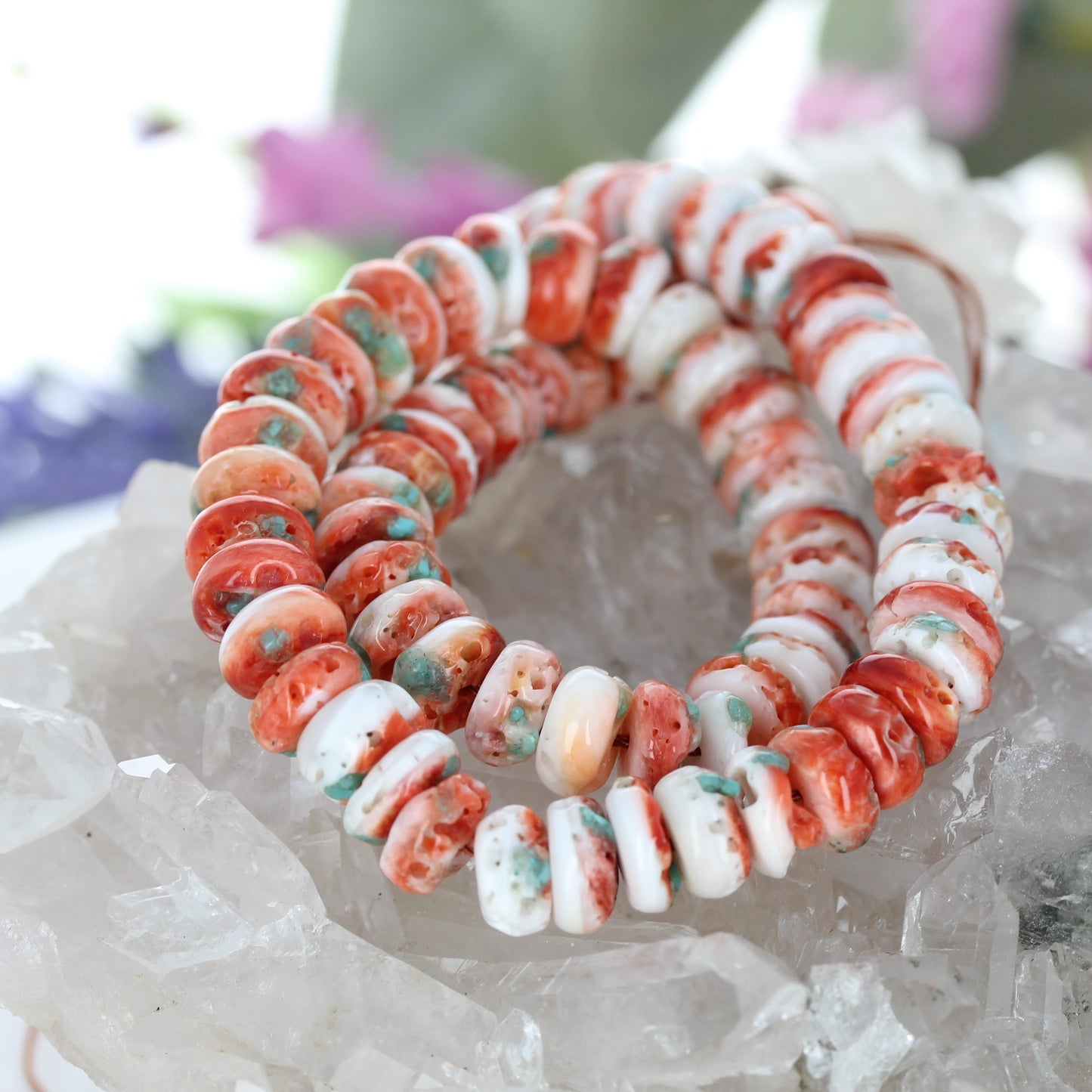 Light Red Spiny Oyster Beads With Turquoise Inlay 16" 9.5mm