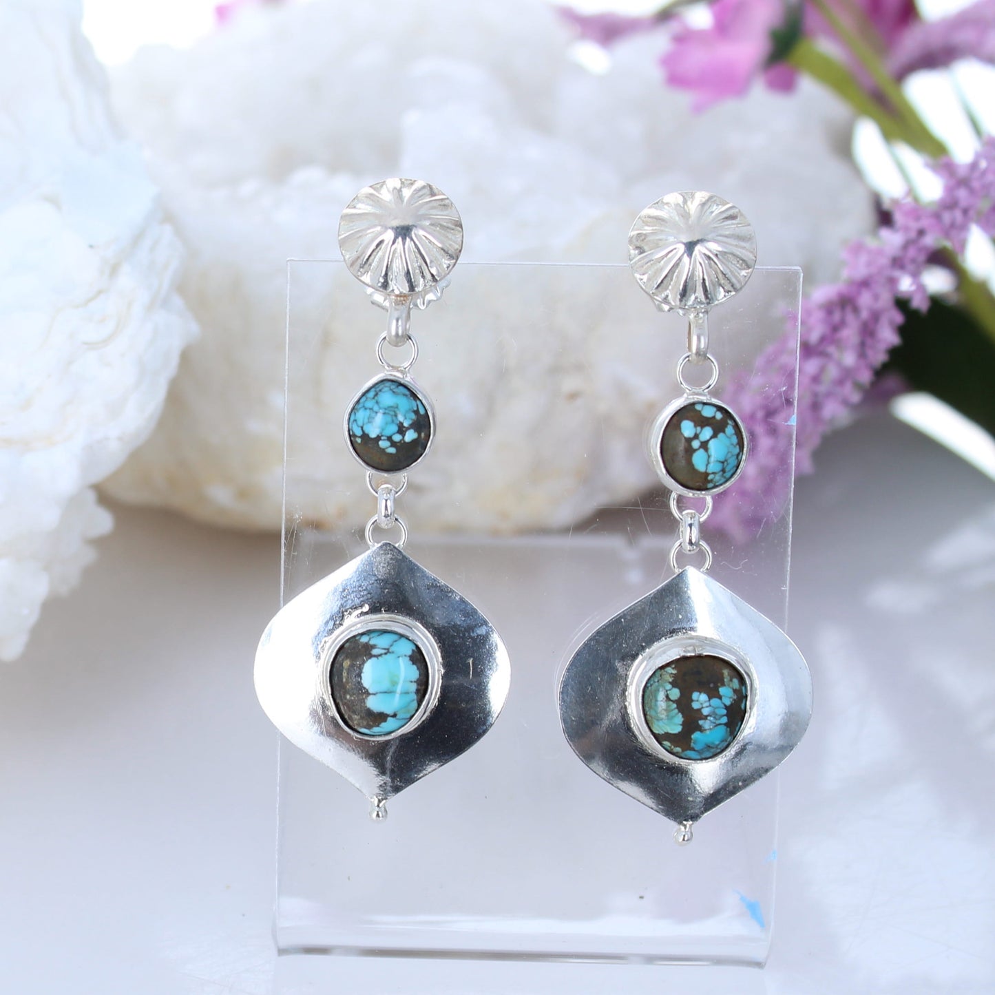 BLUE MOON TURQUOISE Earrings Sterling Arabesque Shaped -NewWorldGems