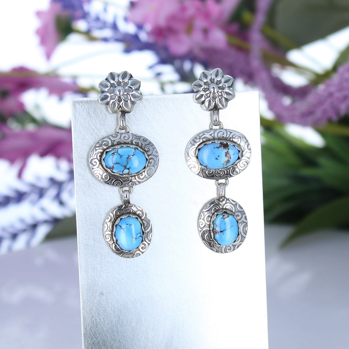 Kazakhstan Turquoise Earrings 2 Stone Baby Blue Spiral Design Sterling