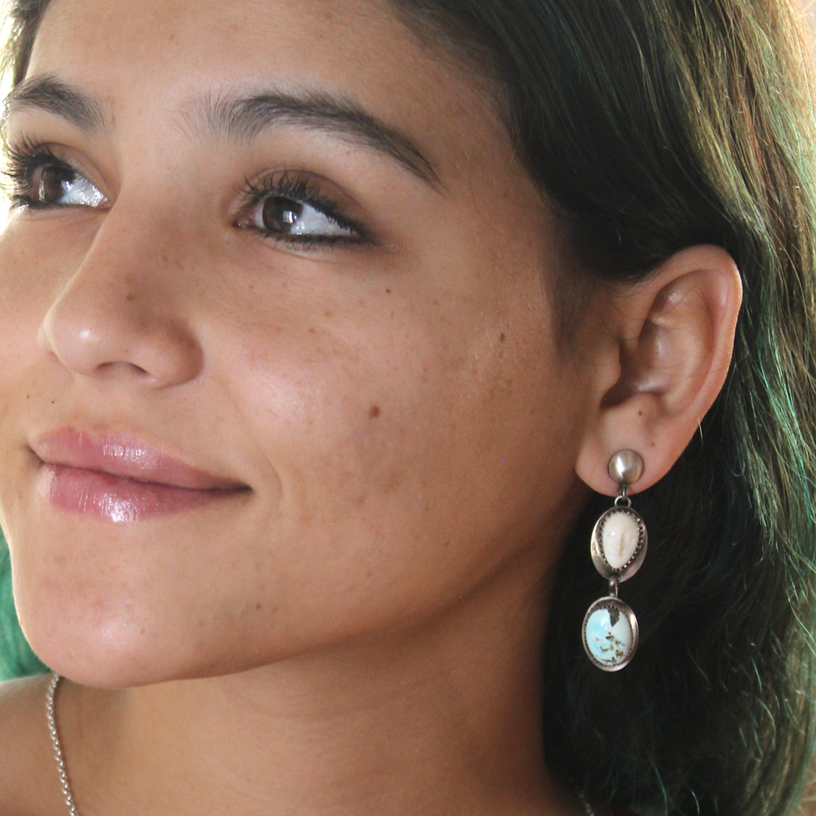 Rare Lone Mountain TURQUOISE EARRINGS Sterling Carved Moon Faces