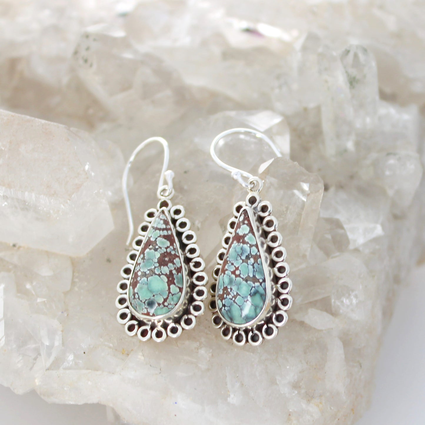 TIBETAN TURQUOISE Earrings Teardrops Steel Blue Sterling NewWorldGems