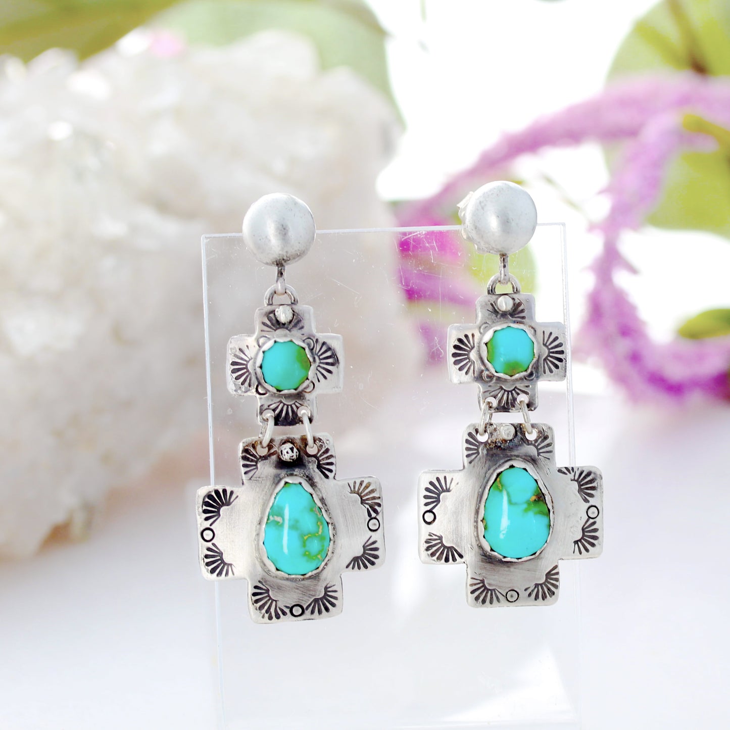 Sonoran Turquoise Double Cross Earrings Sterling Silver Boho 2.5"