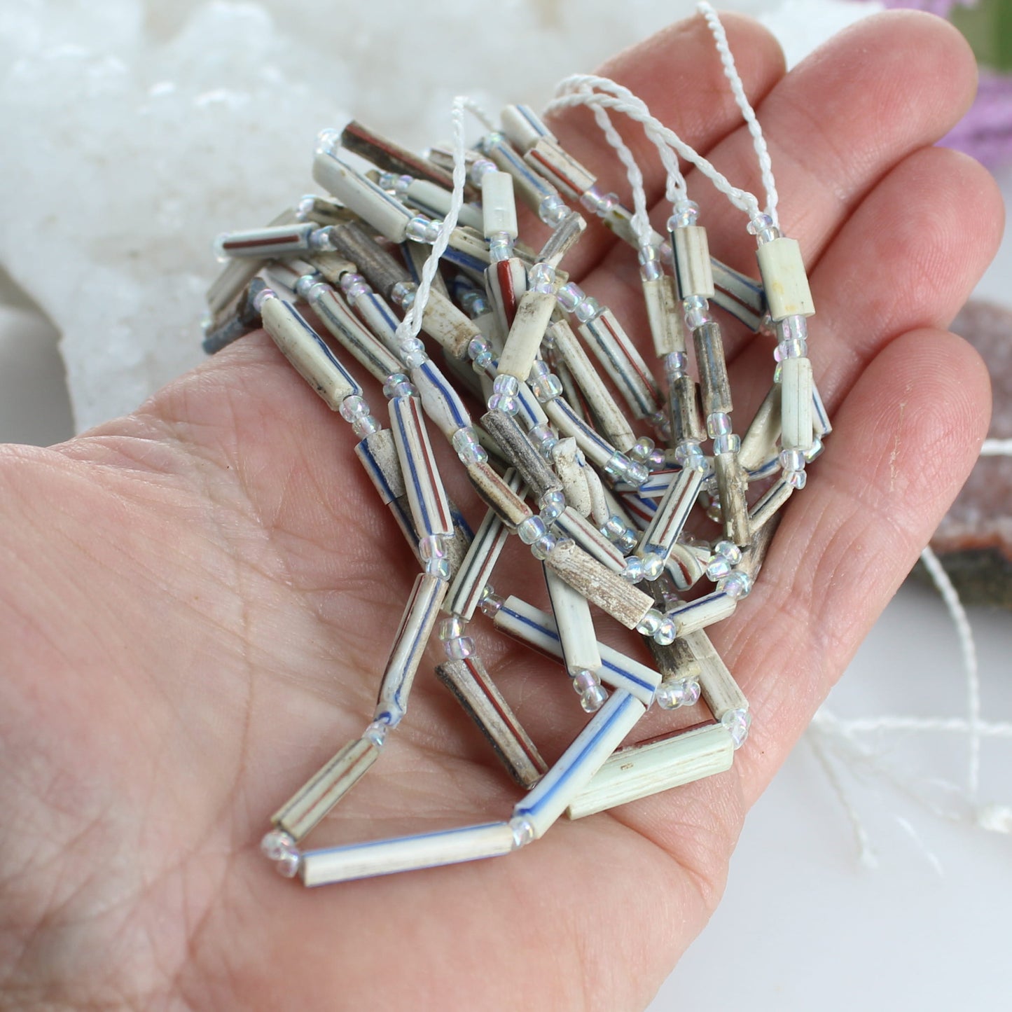 Ancient Roman Glass Beads White Red Blue 15" -NewWorldGems