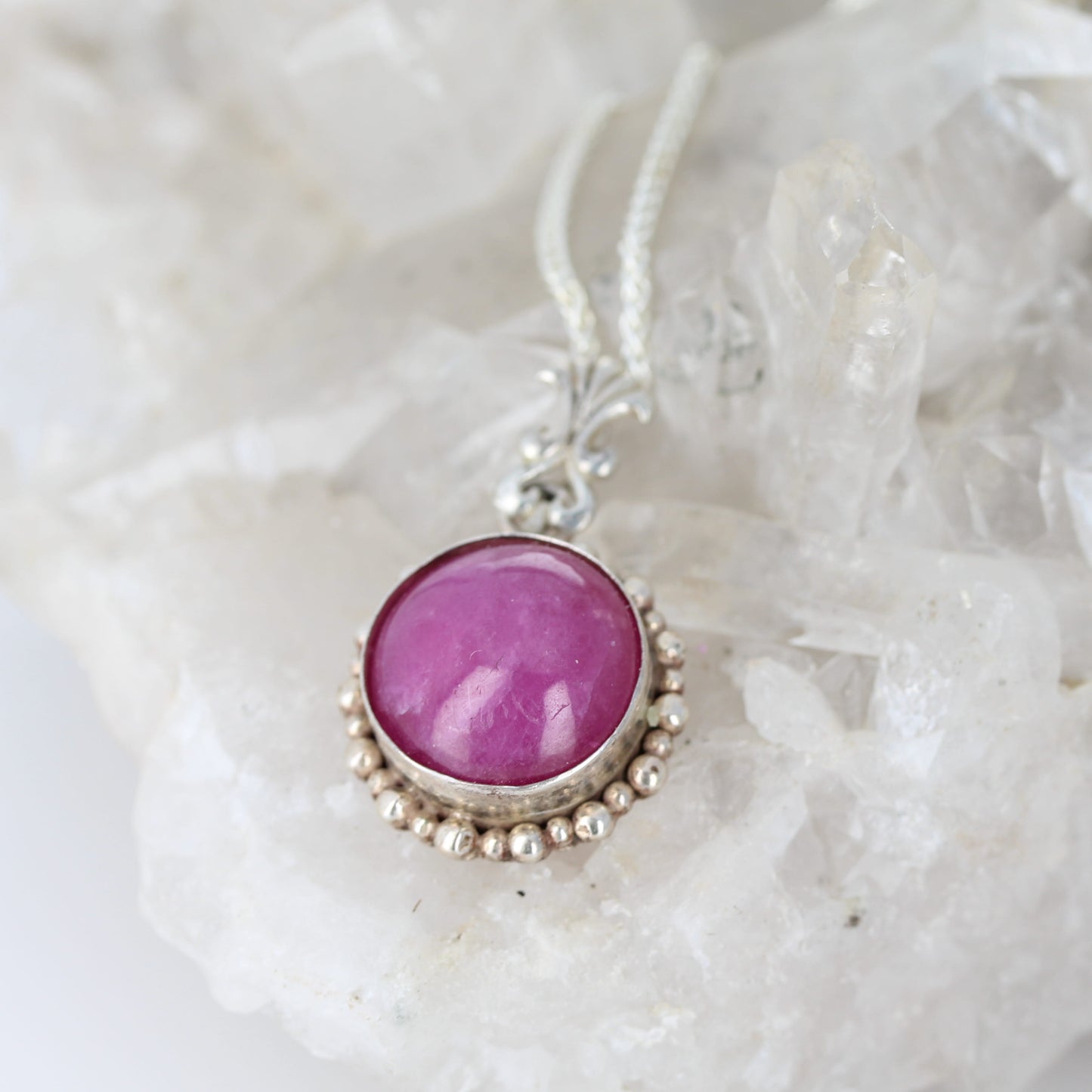 Elegant Pink Genuine Ruby Pendant Necklace Sterling Round