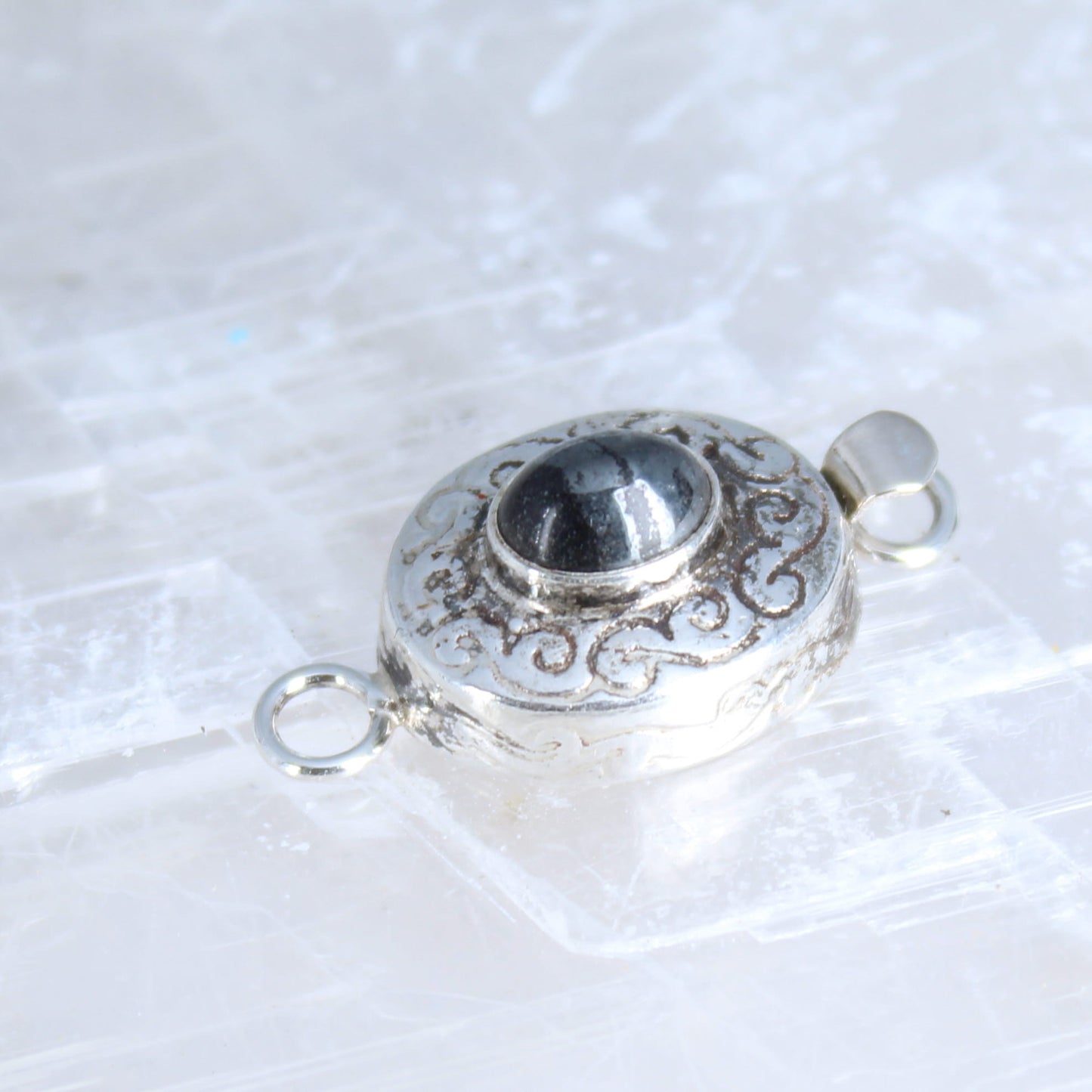 Black and Metallic Hematite Sterling Clasp Handmade Etched Design