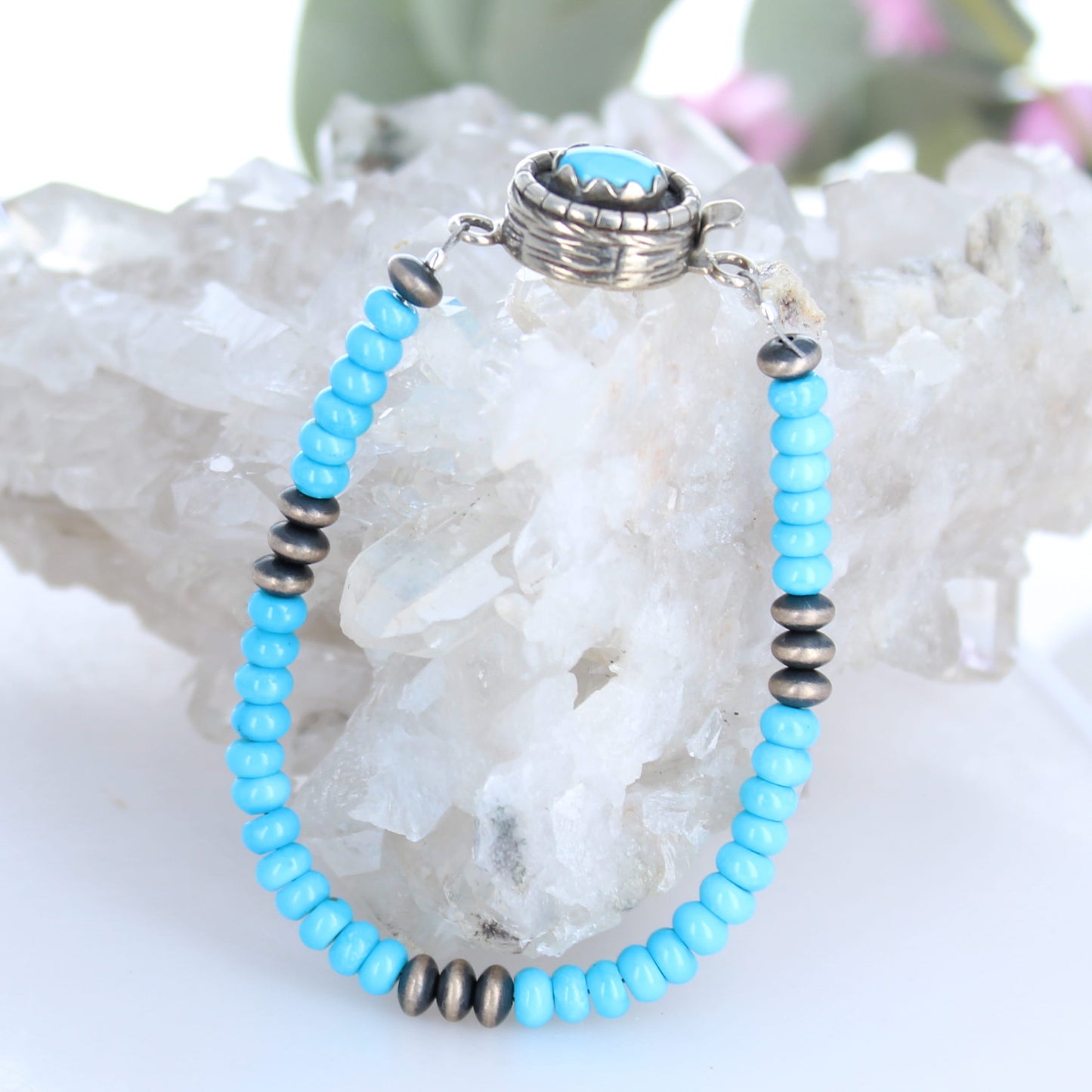 AAA Sleeping Beauty Turquoise Bracelet 5mm Rondelles with Sterling Navajo Pearls