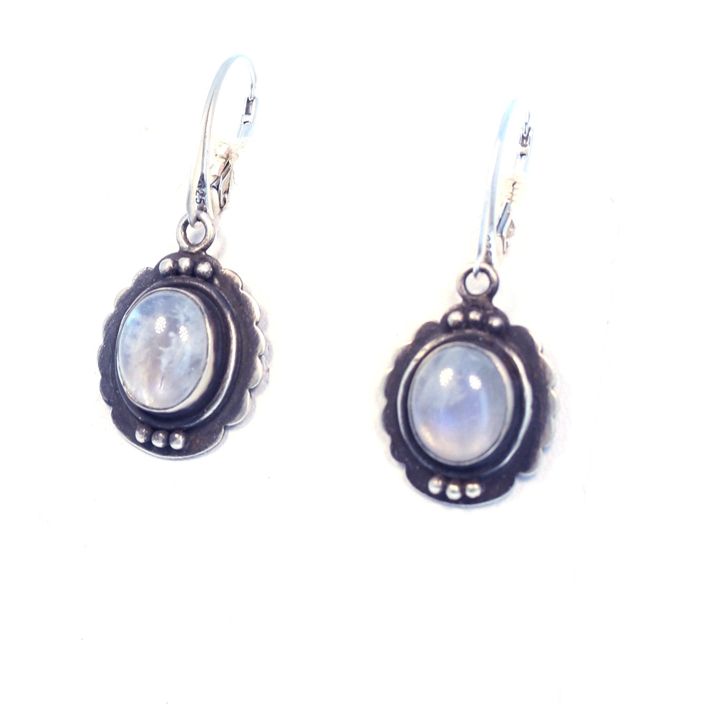 Rainbow Moonstone Earrings Sterling Blue Flash 1.25"