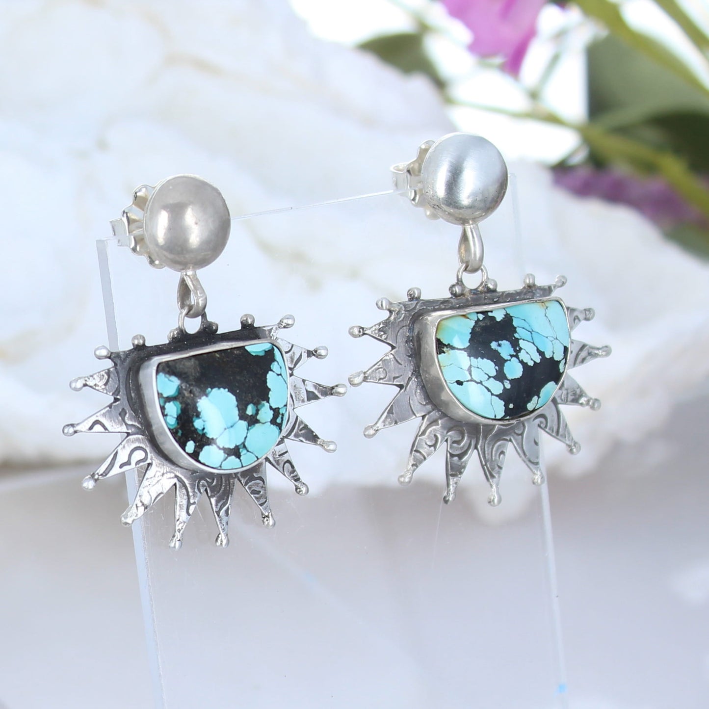 Sun Moon Dramatic Blue Black Turquoise Earrings Dangles Spiral -NewWorldGems