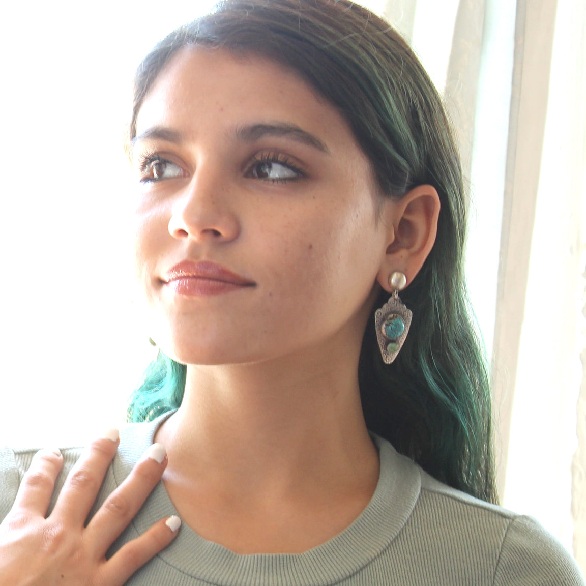 Sterling Arrowhead Earrings Blue Moon Turquoise with Sonoran Turquoise