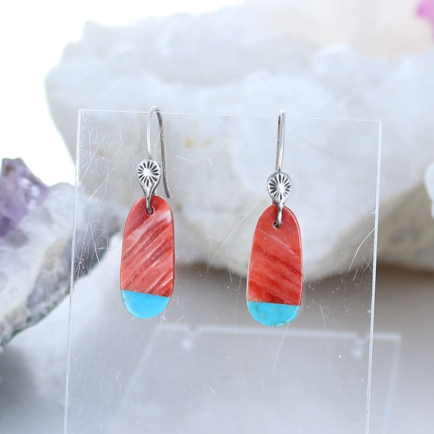 Kingman Turquoise Earrings with Spiny Oyster Teardrops Sterling -NewWorldGems
