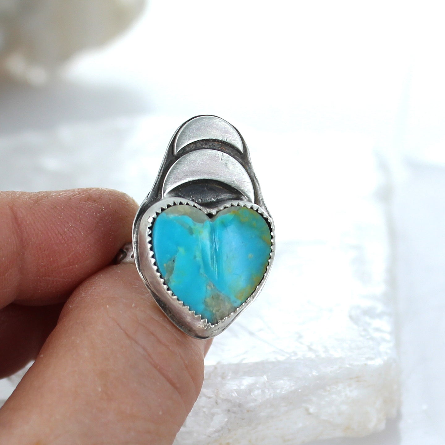 Heart and Double Moon Kingman Turquoise Ring Sterling Size 7.5 -NewWorldGems