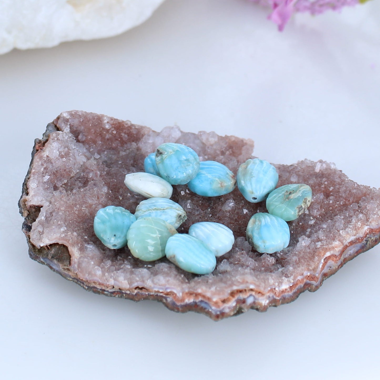 Larimar and Peruvian Opal Carved Shell Components 12 piece -NewWorldGems