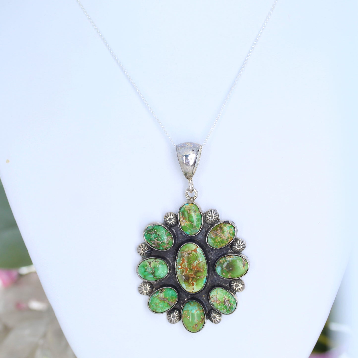 Painterly Catalina Turquoise Pendant Sterling with Southwestern Flowers