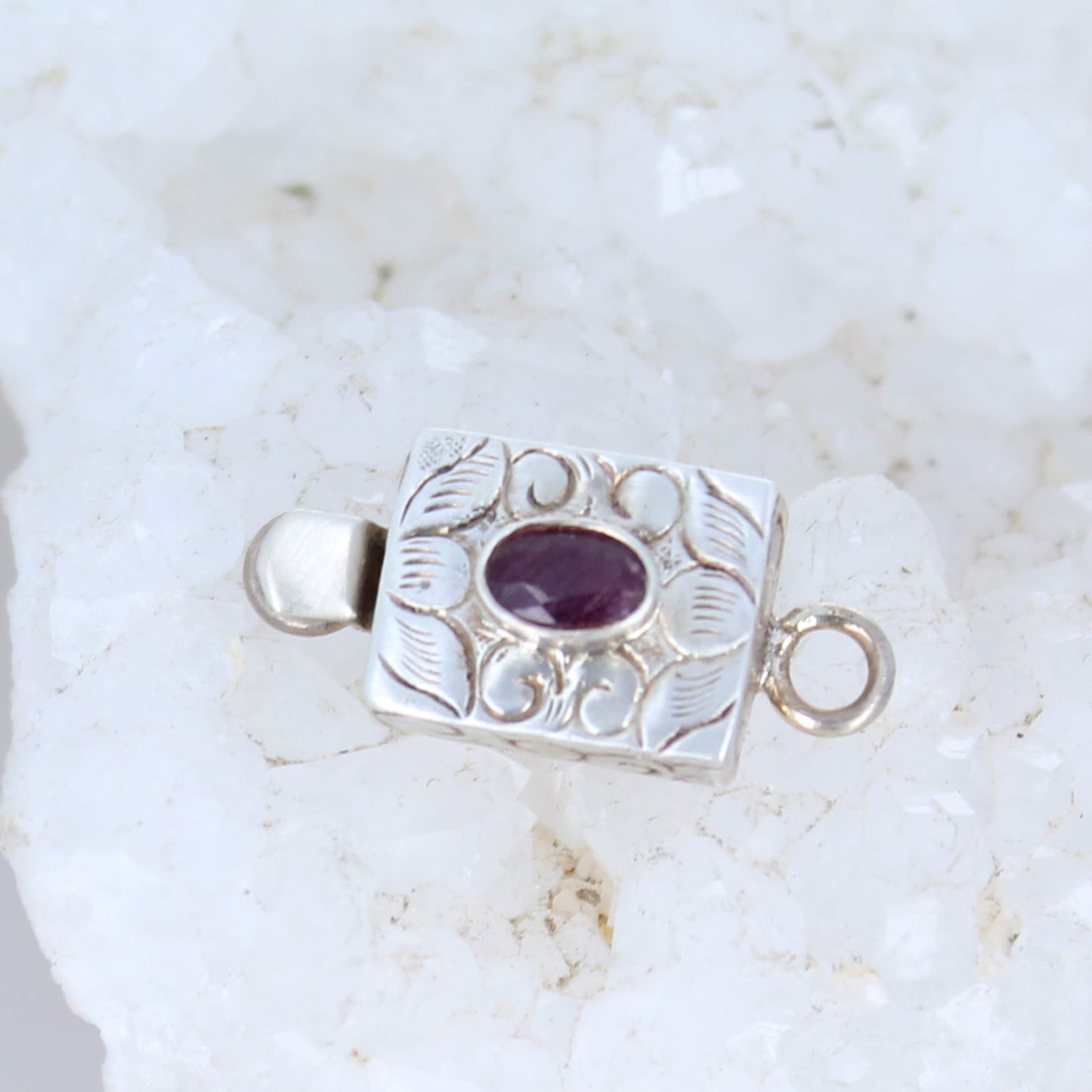 Genuine Faceted Ruby Clasp Sterling 4x6mm Etched Design -NewWorldGems