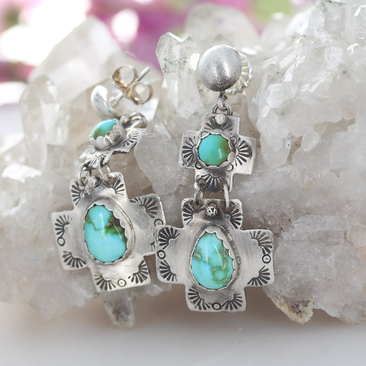 Sonoran Turquoise Double Cross Earrings Sterling Silver Boho 2.5"