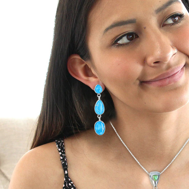 Stunning Blue Bird Turquoise Earrings 3 Stone Sky Blue Sterling