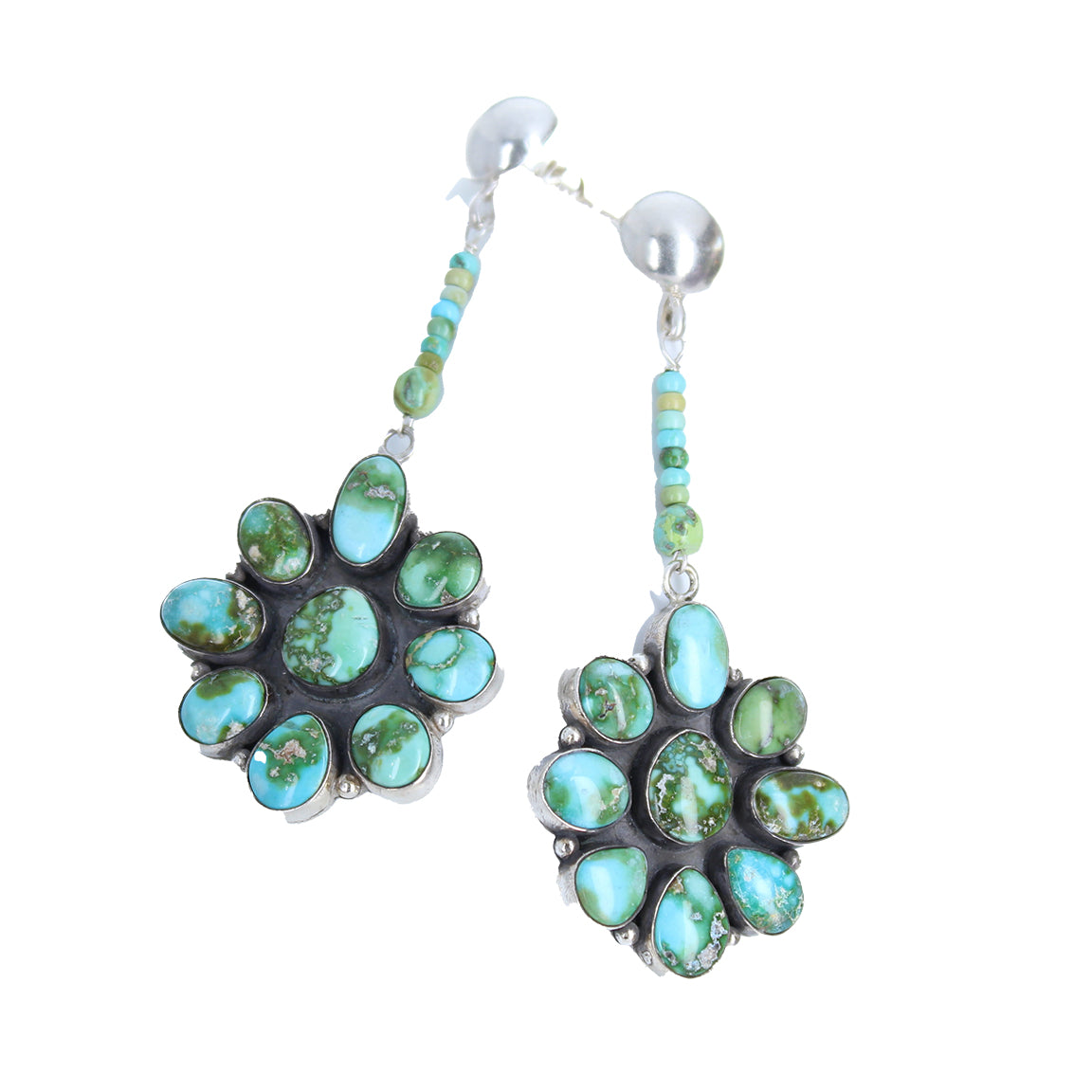 Sonoran Gold Turquoise Earrings Sterling Large Floral with Turquoise Beads 3"