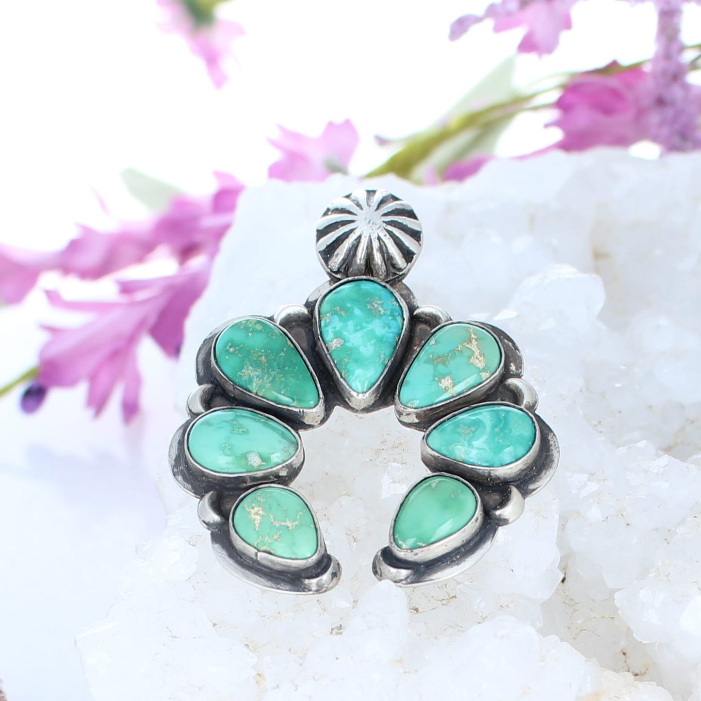 Emerald Valley Turquoise Naja Moon Pendant Sterling with Carico Lake Turquoise -NewWorldGems