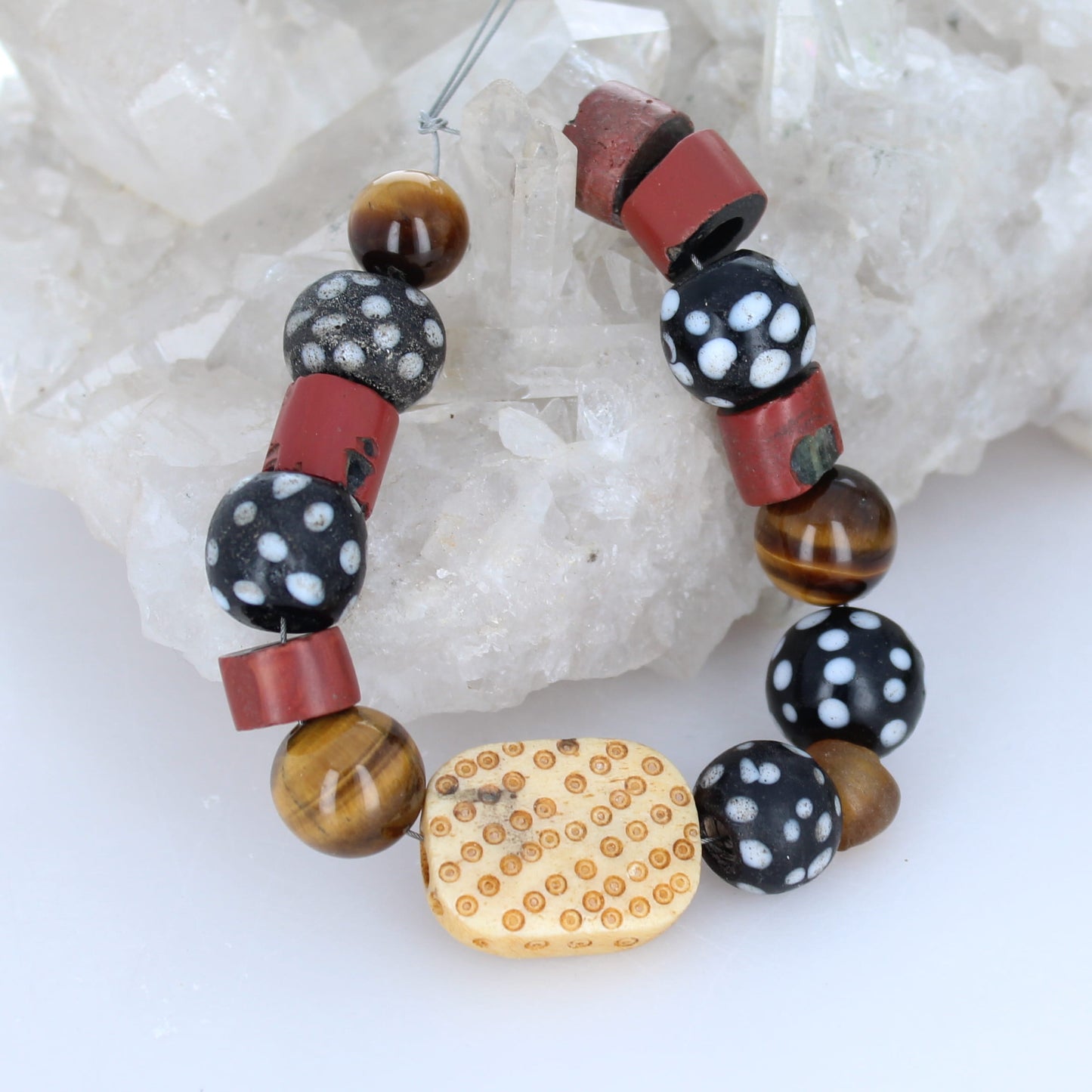 Antique Venitian African Trade Beads 6.5" Skunk and Red Heart Beads