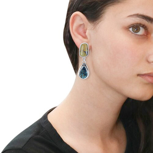 Olive Green and Deep Blue Black Hubei Turquoise Earrings Sterling -NewWorldGems