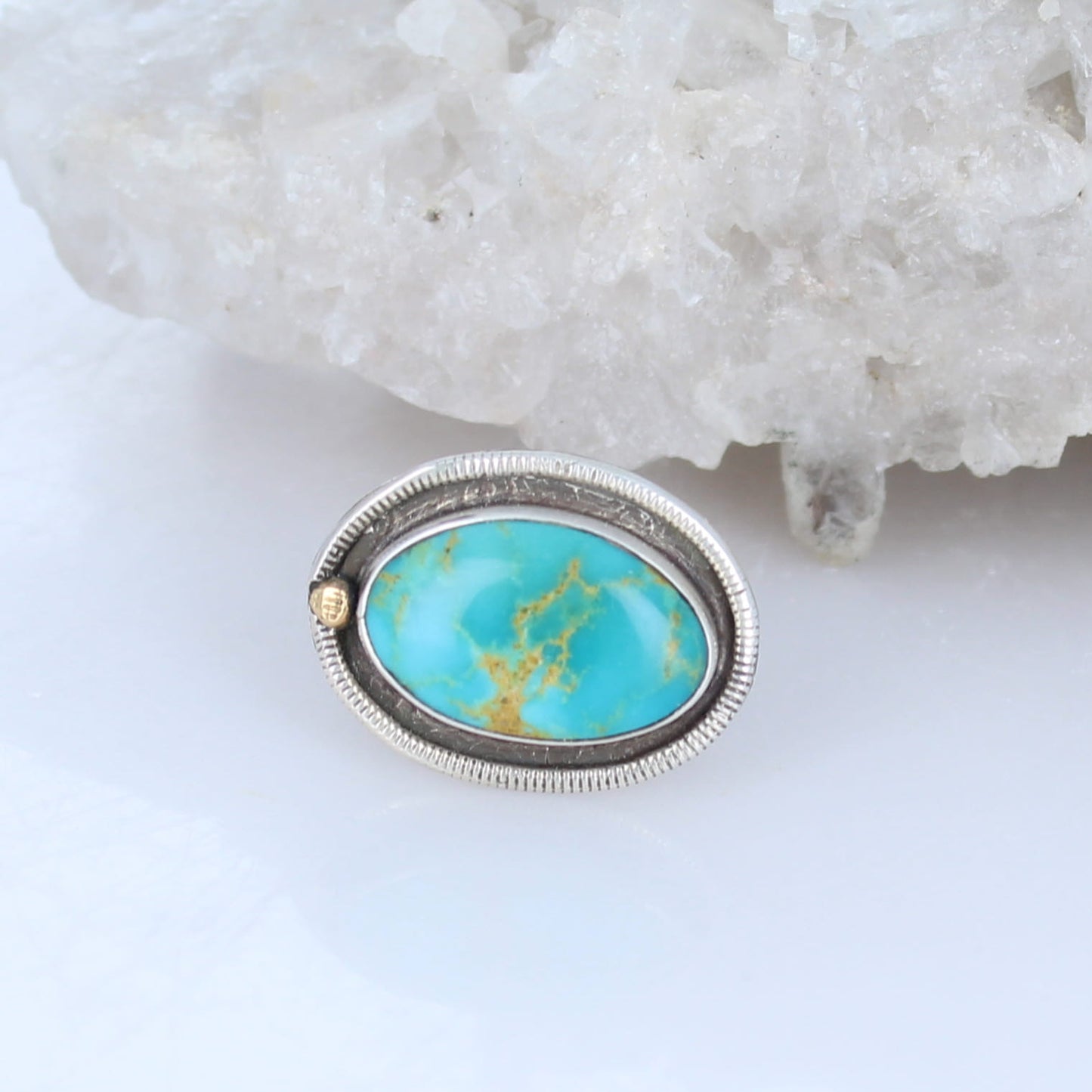 Oval Kingman Turquoise Ring 18K and Sterling Size 7