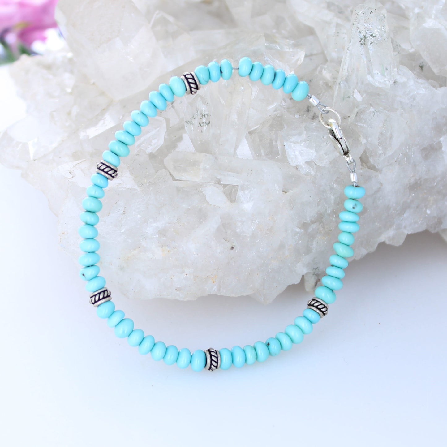 Egyptian Turquoise Beads Bracelet Sterling Silver Nuggets 7"