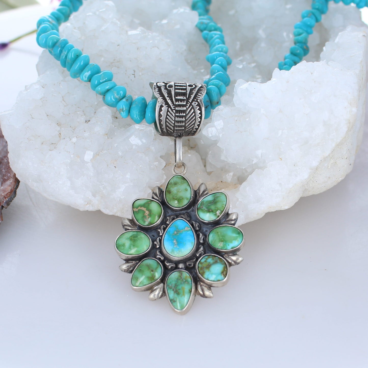 Gorgeous Sonoran Gold Turquoise Flower Pendant Sterling Southwestern Elegance -NewWorldGems