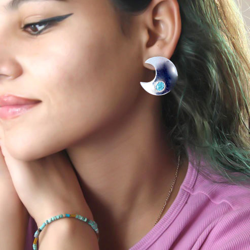 Carico Lake Turquoise Crescent Moon Earrings Sterling Posts Large