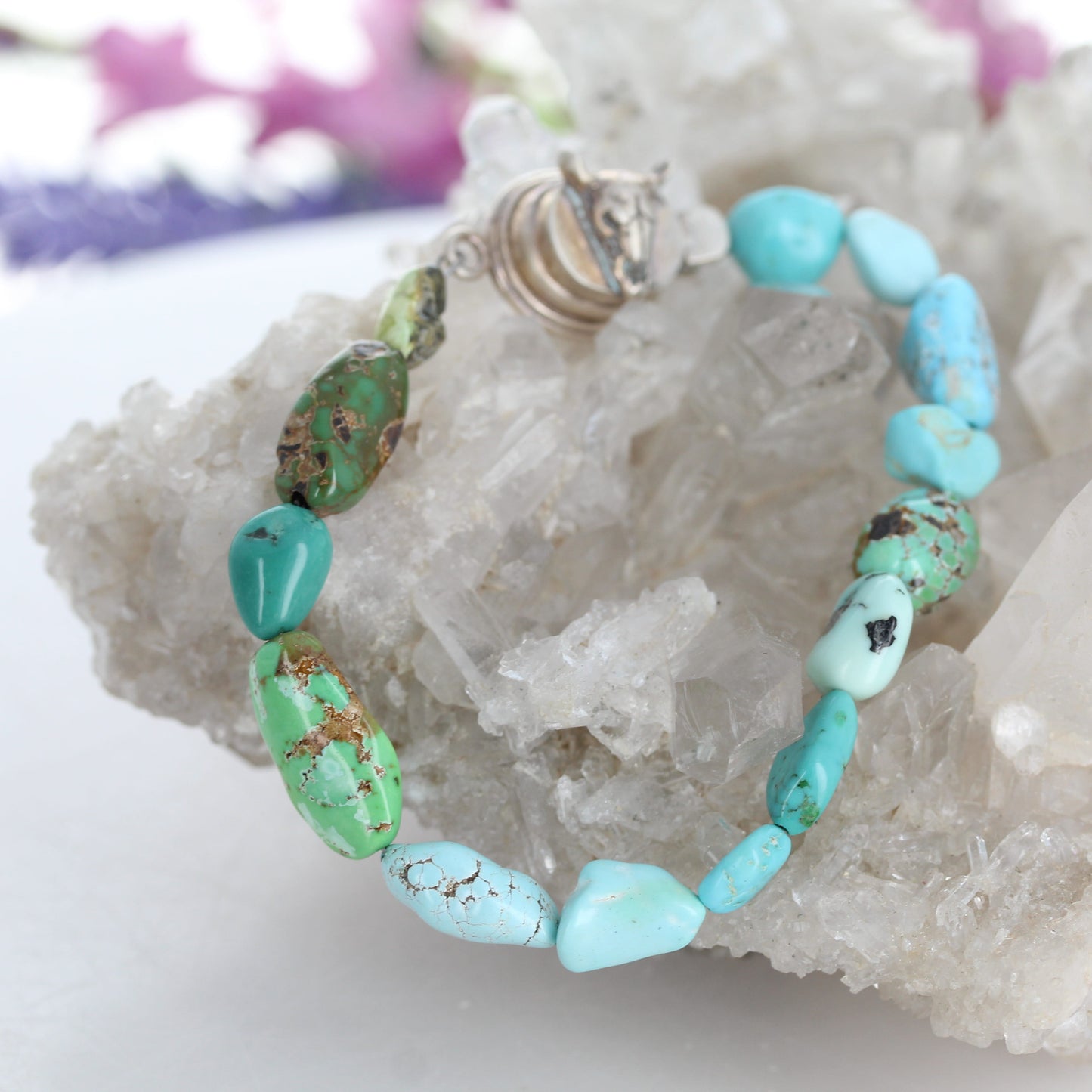 AAA Carico Lake Turquoise Bracelet Sterling Silver Cow Skull NewWorldGems