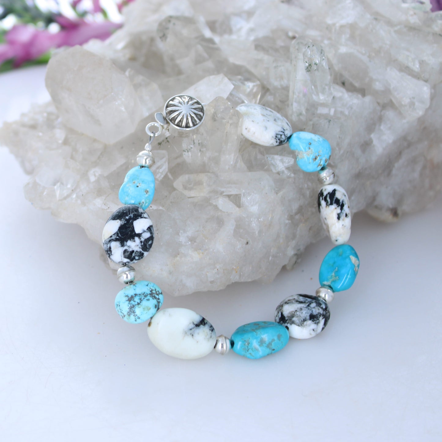 White Buffalo and Kingman Blue Turquoise Beads Bracelet Sterling Silver