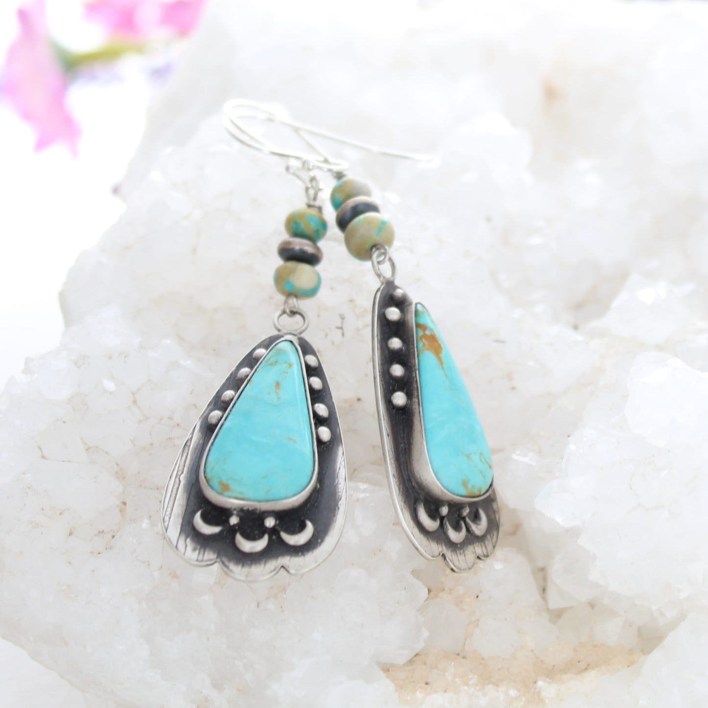 Beautiful Sky Blue Kingman Turquoise Earrings Long Teardrops with Moon Design