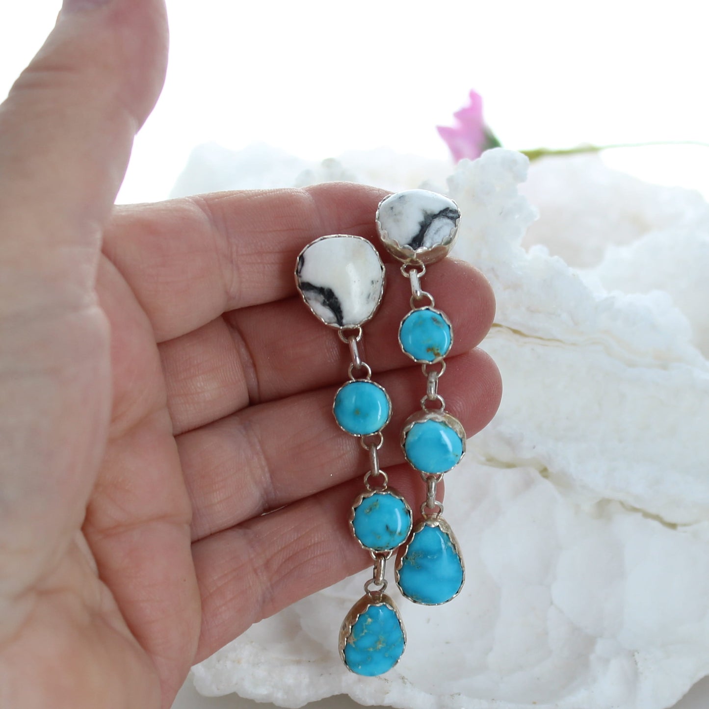 Blue Ridge and White Buffalo Turquoise Earrings Sterling 4 Stone