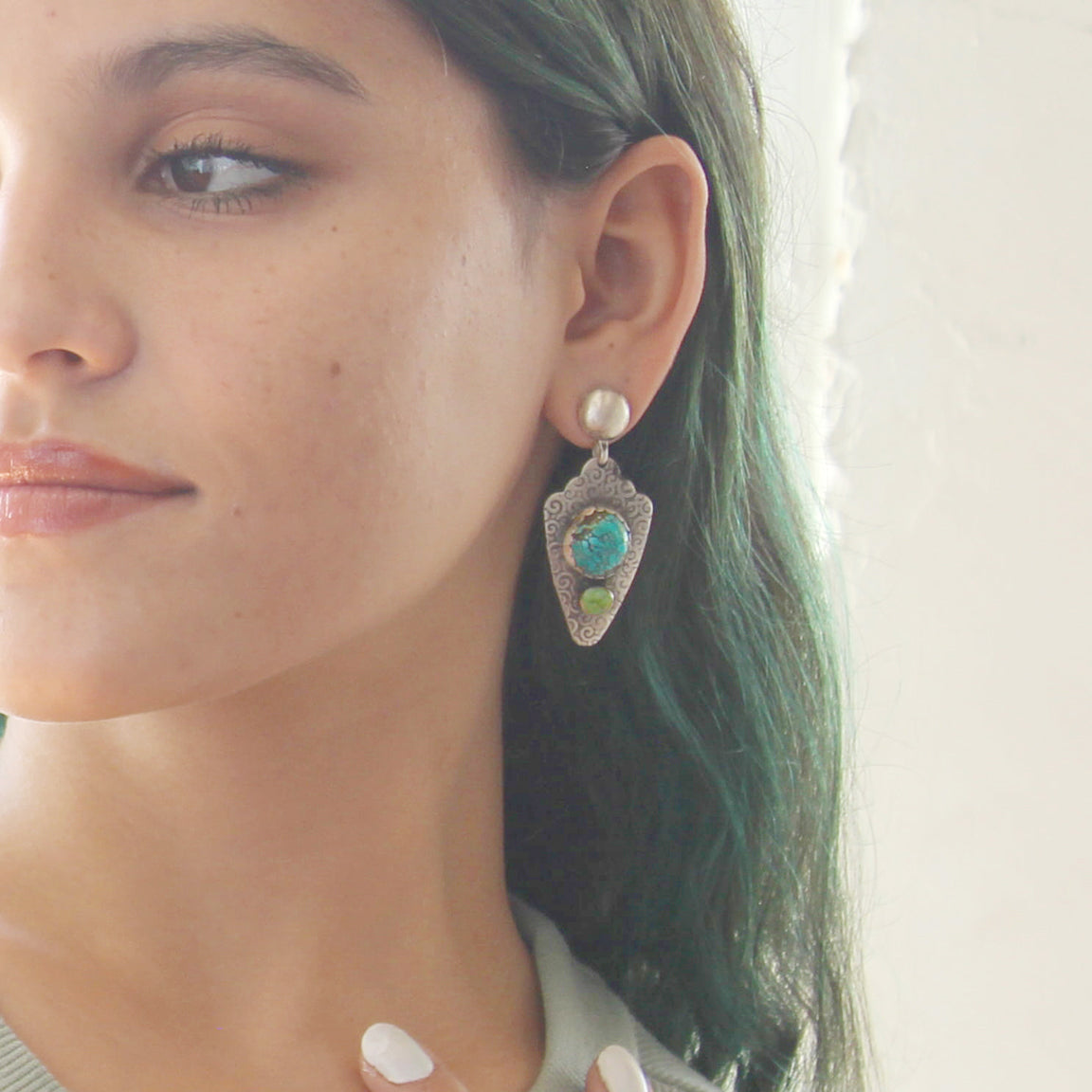 Sterling Arrowhead Earrings Blue Moon Turquoise with Sonoran Turquoise