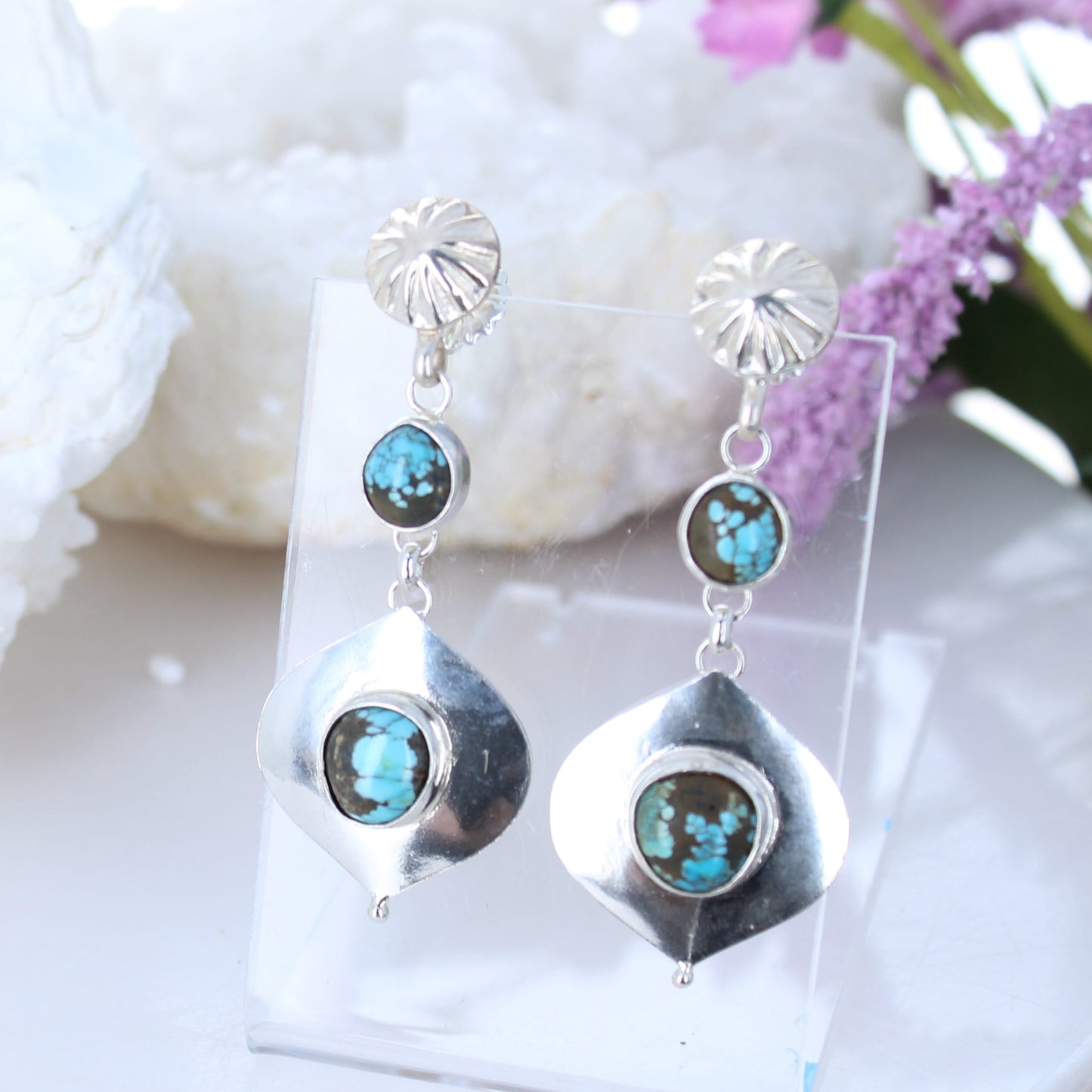 BLUE MOON TURQUOISE Earrings Sterling Arabesque Shaped -NewWorldGems