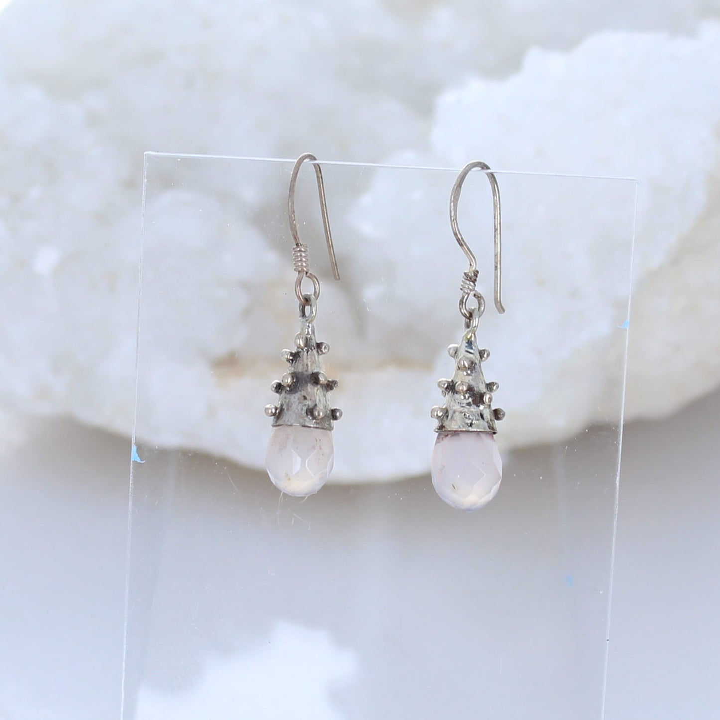Pink Chalcedony Earrings Faceted Teardrops Sterling Silver -NewWorldGems