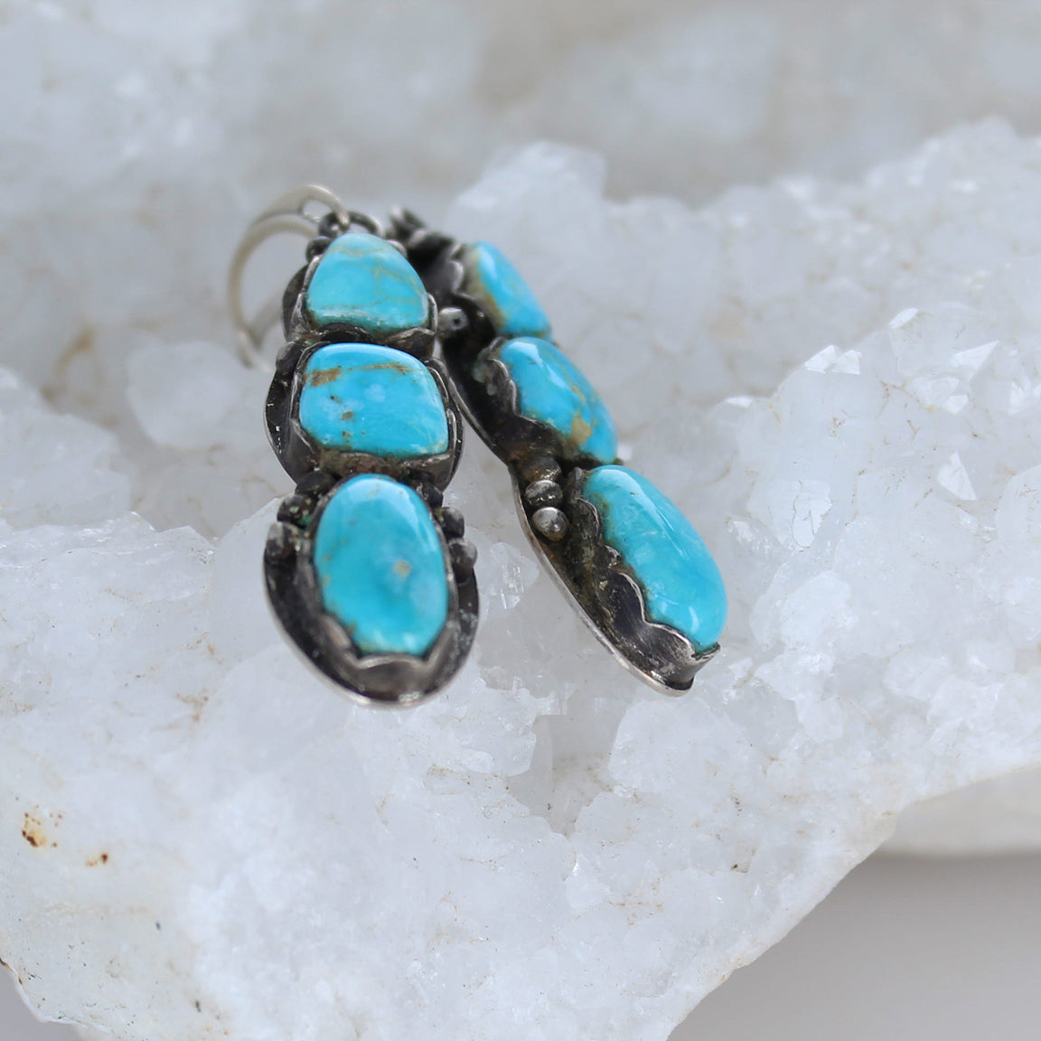 Sonoran Rose Turquoise 3 Stone Earrings Sterling Silver Unique Southwest