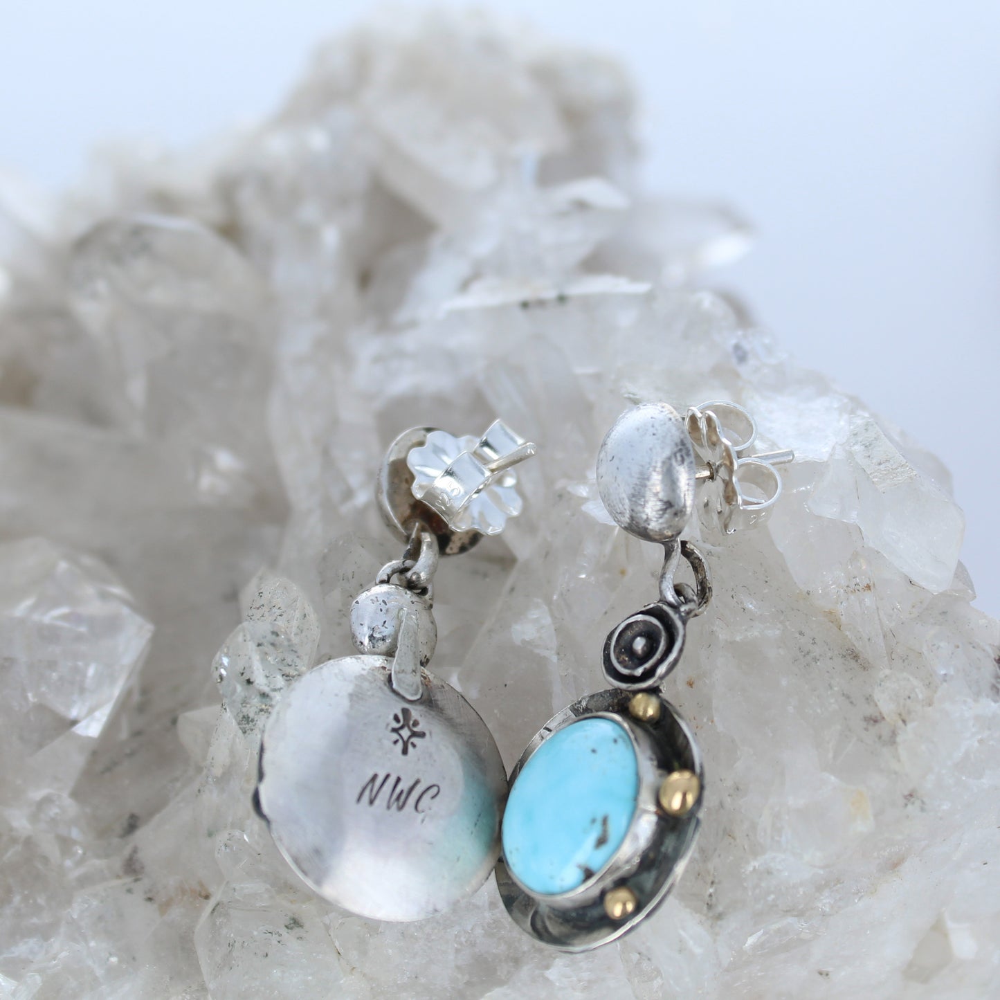 Ethereal Dry Creek Turquoise Earrings 18K Gold and Sterling Silver -NewWorldGems