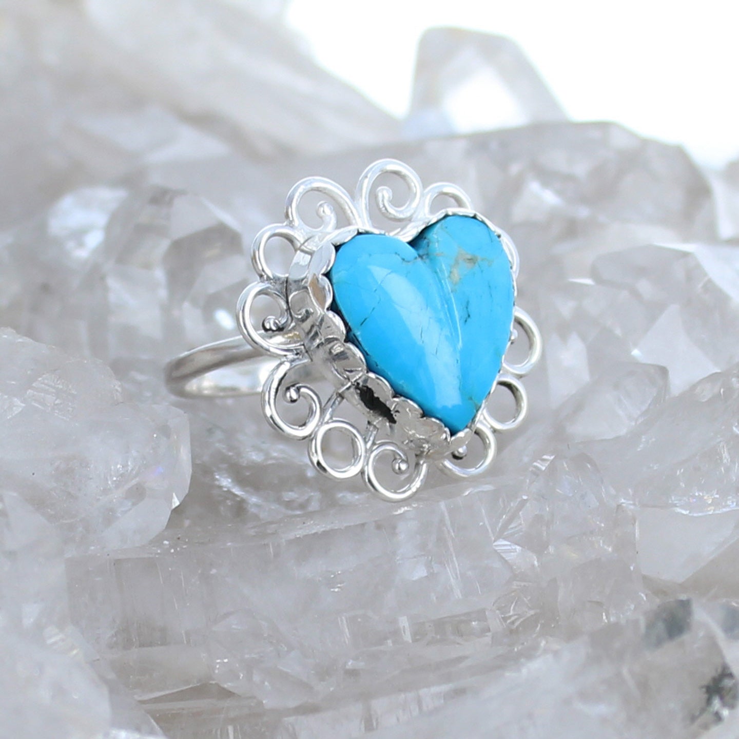 BRIGHT KINGMAN TURQUOISE Heart Ring Sterling Size 6.5 Spirals -NewWorldGems