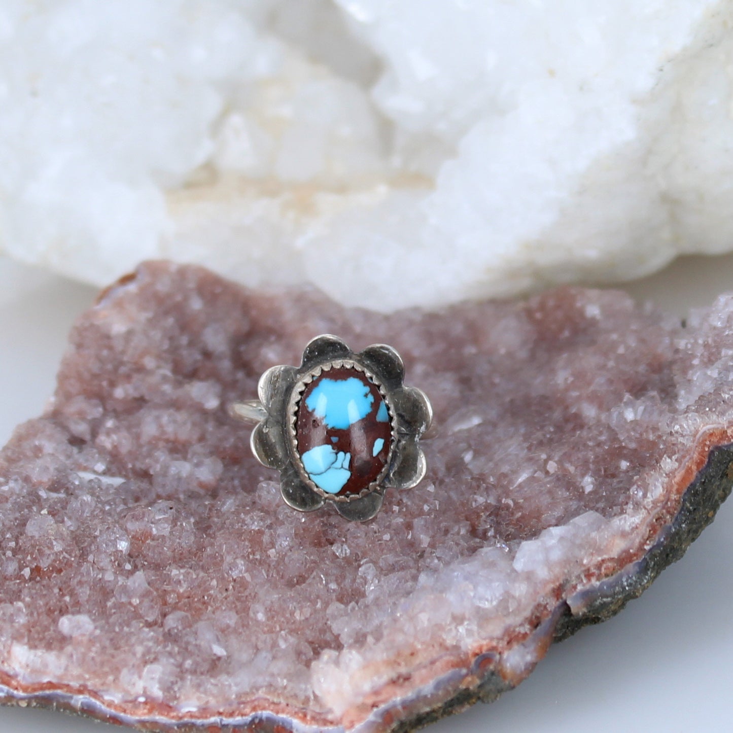 EGYPTIAN TURQUOISE Flower Ring Blue Sterling Size 6.5 -NewWorldGems