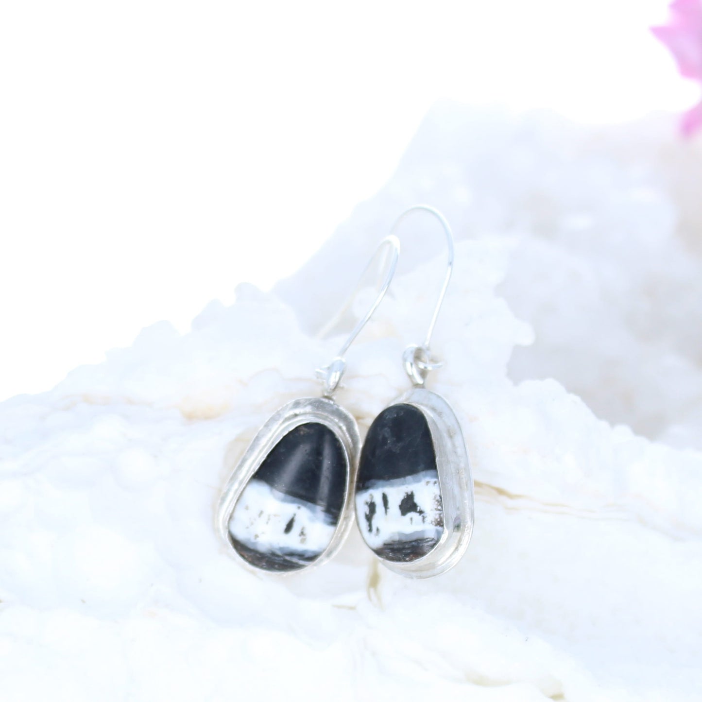 Dramatic WHITE BUFFALO RIBBON Turquoise Earrings Sterling Teardrops -NewWorldGems