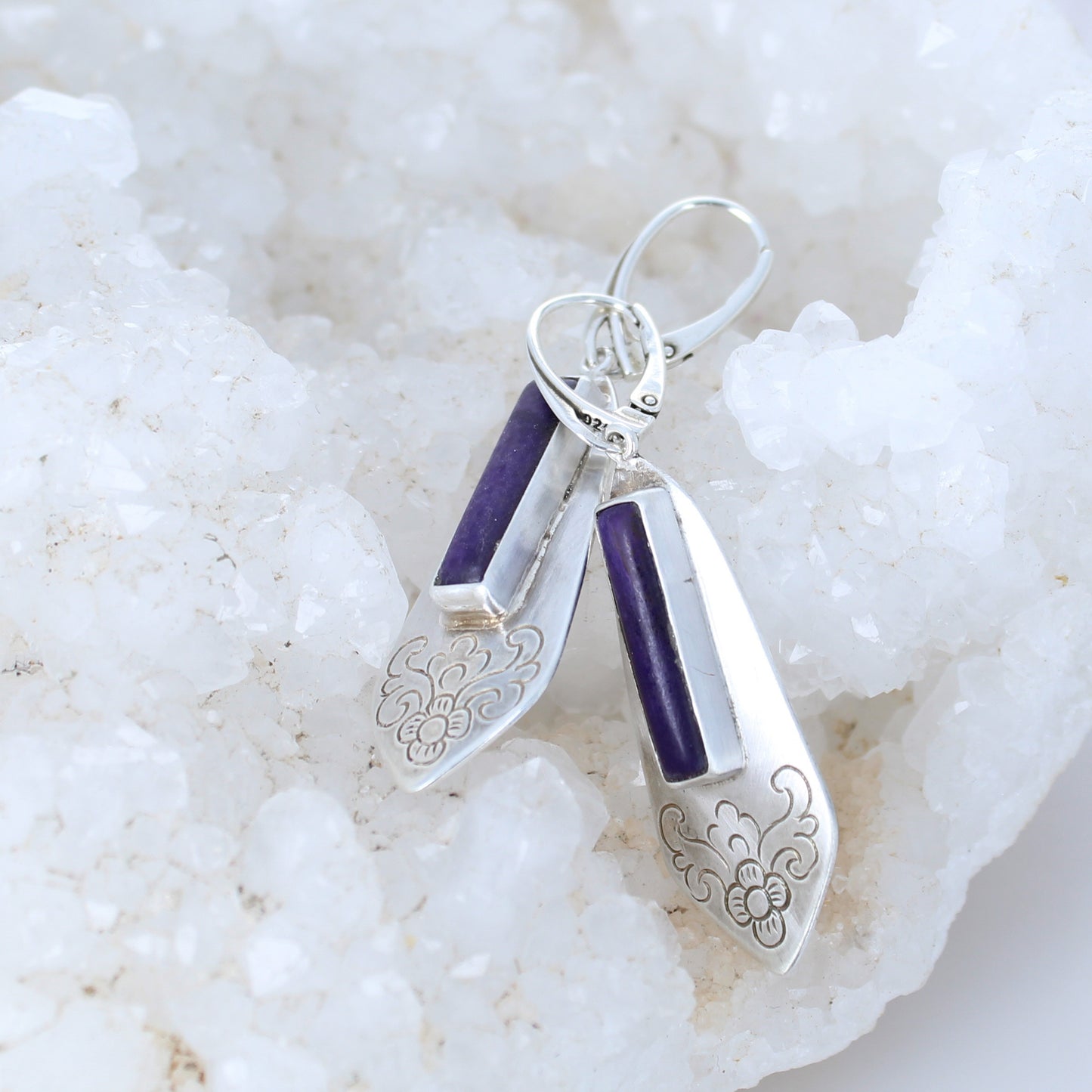 Large Sugilite Earrings Kite Shaped Etched Sterling -NewWorldGems